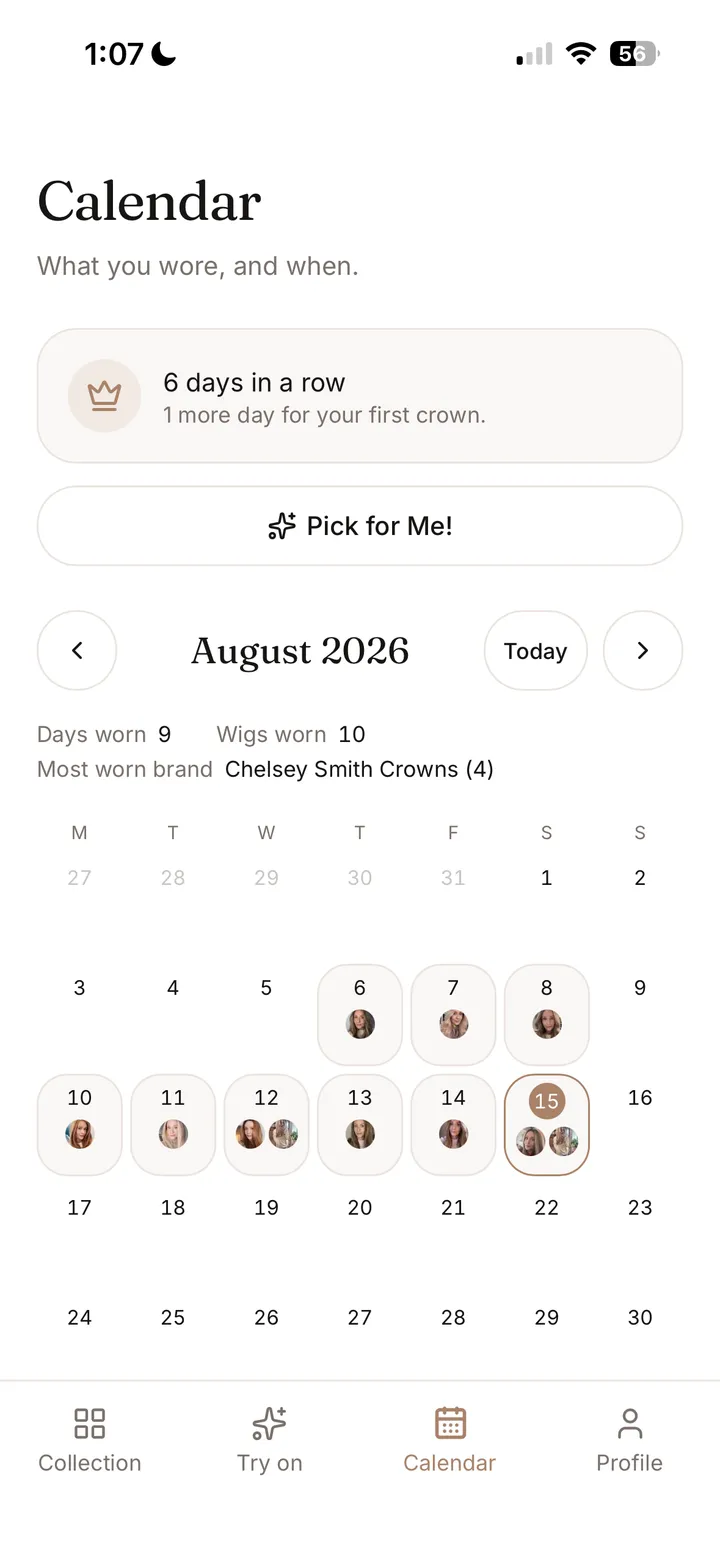 A month in the Aivee calendar, with a streak, a Pick for Me button, and thumbnails on the days worn.