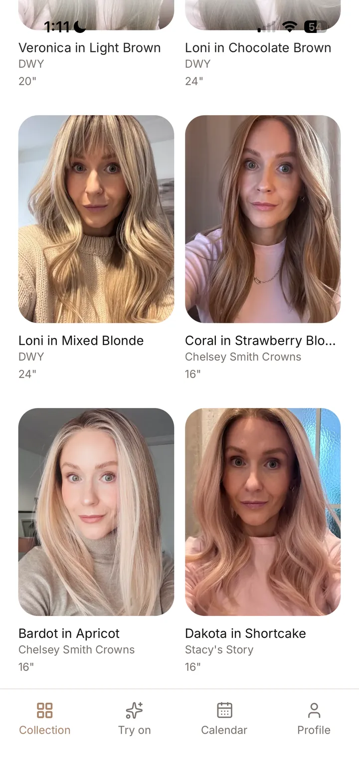 The Aivee collection screen, a grid of wigs with names and brands.
