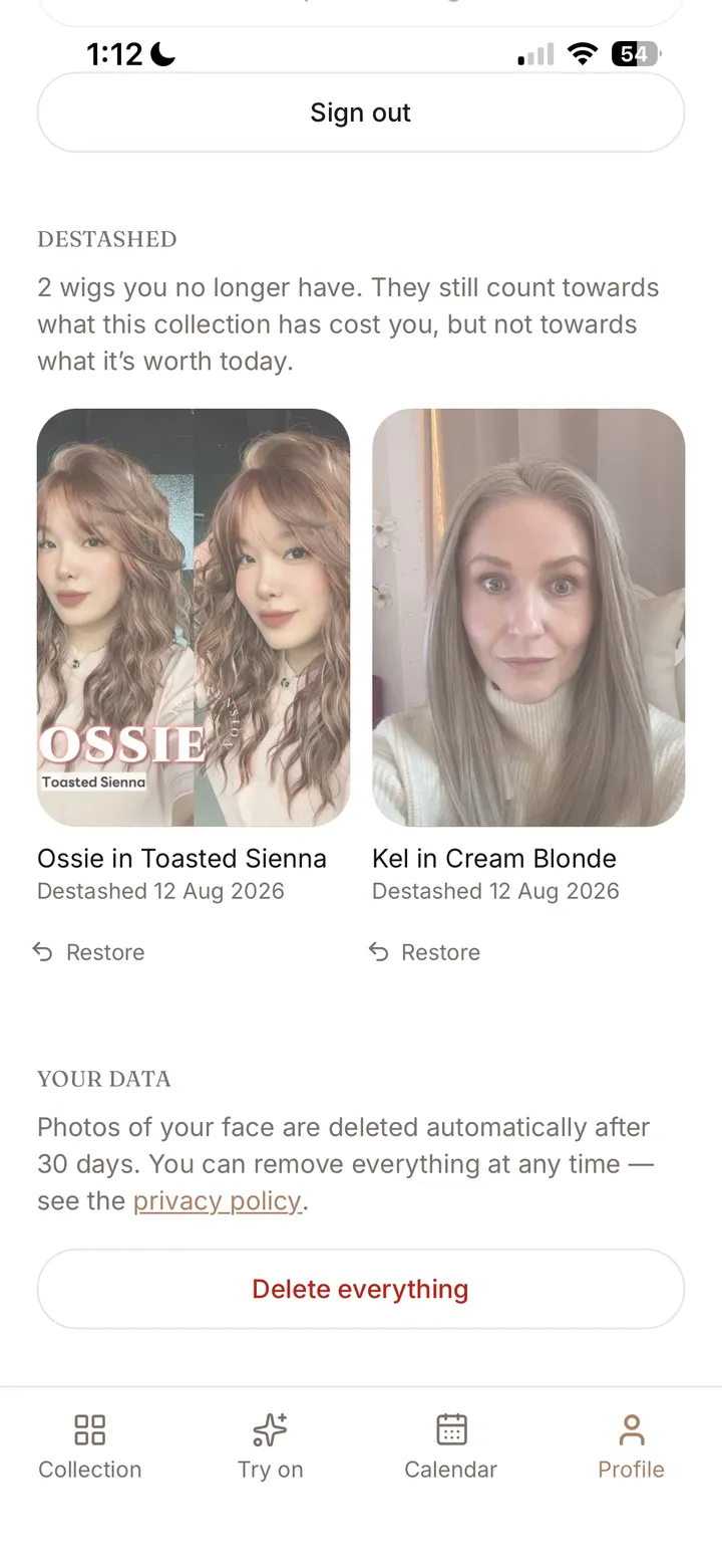 The Destashed section of an Aivee profile, showing wigs let go with the date and a restore link.