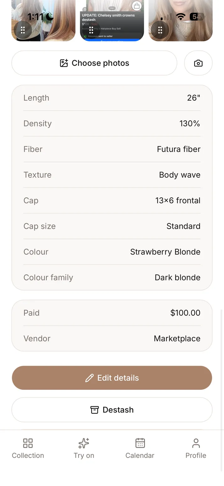 A wig's details in Aivee: length, density, fiber, texture, cap, cap size, colour, what was paid, and the vendor.