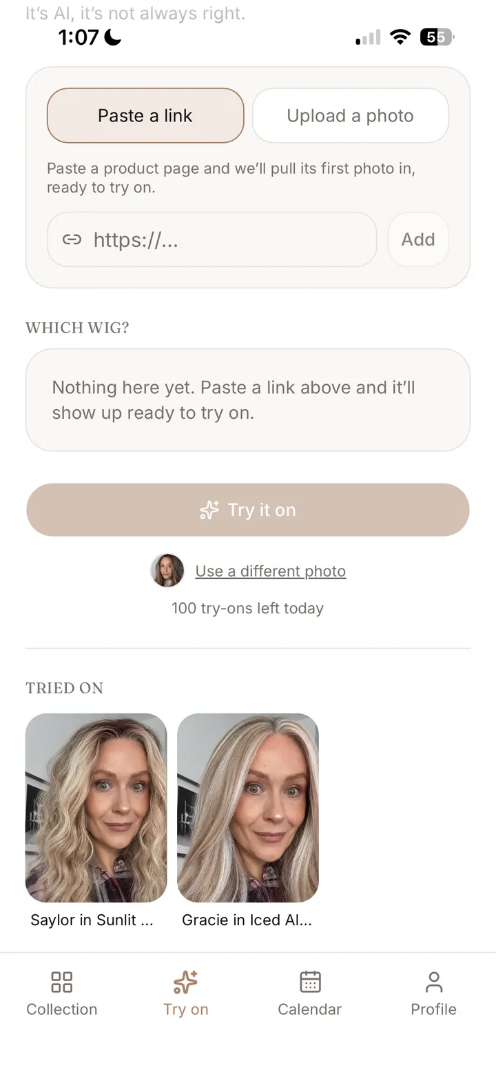 The Aivee try-on screen, offering a product link or a photo upload, with previously tried-on wigs below.
